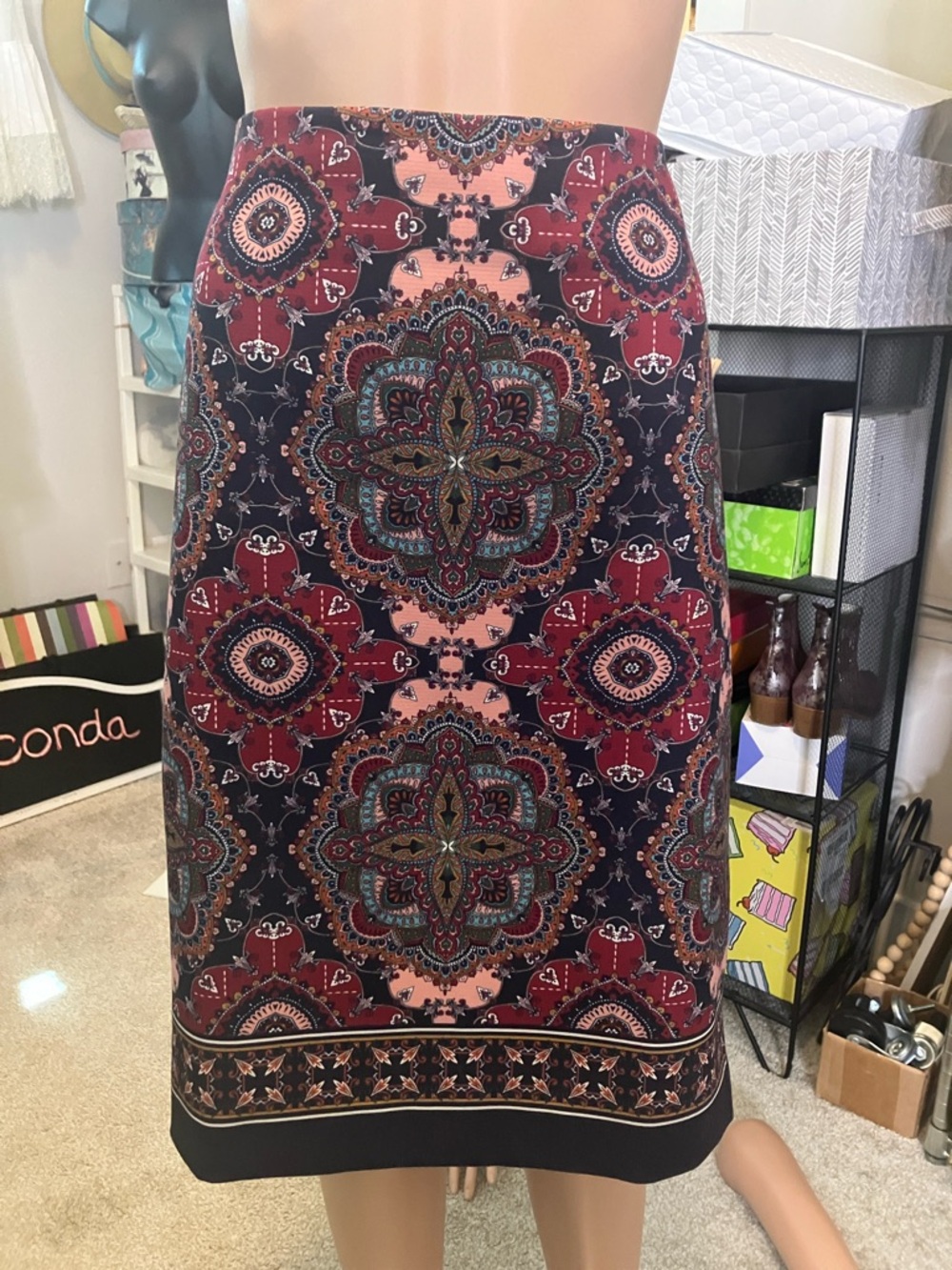 Talbots Burgundy and Navy Medallion Pencil Skirt